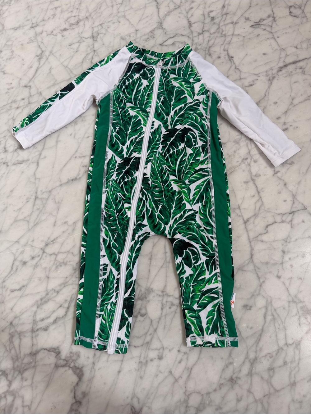 Kids Swim Zip Sz 18/24 Mo Green Leaf Print One-Piece Rashguard Swimsuit NWOT UPF